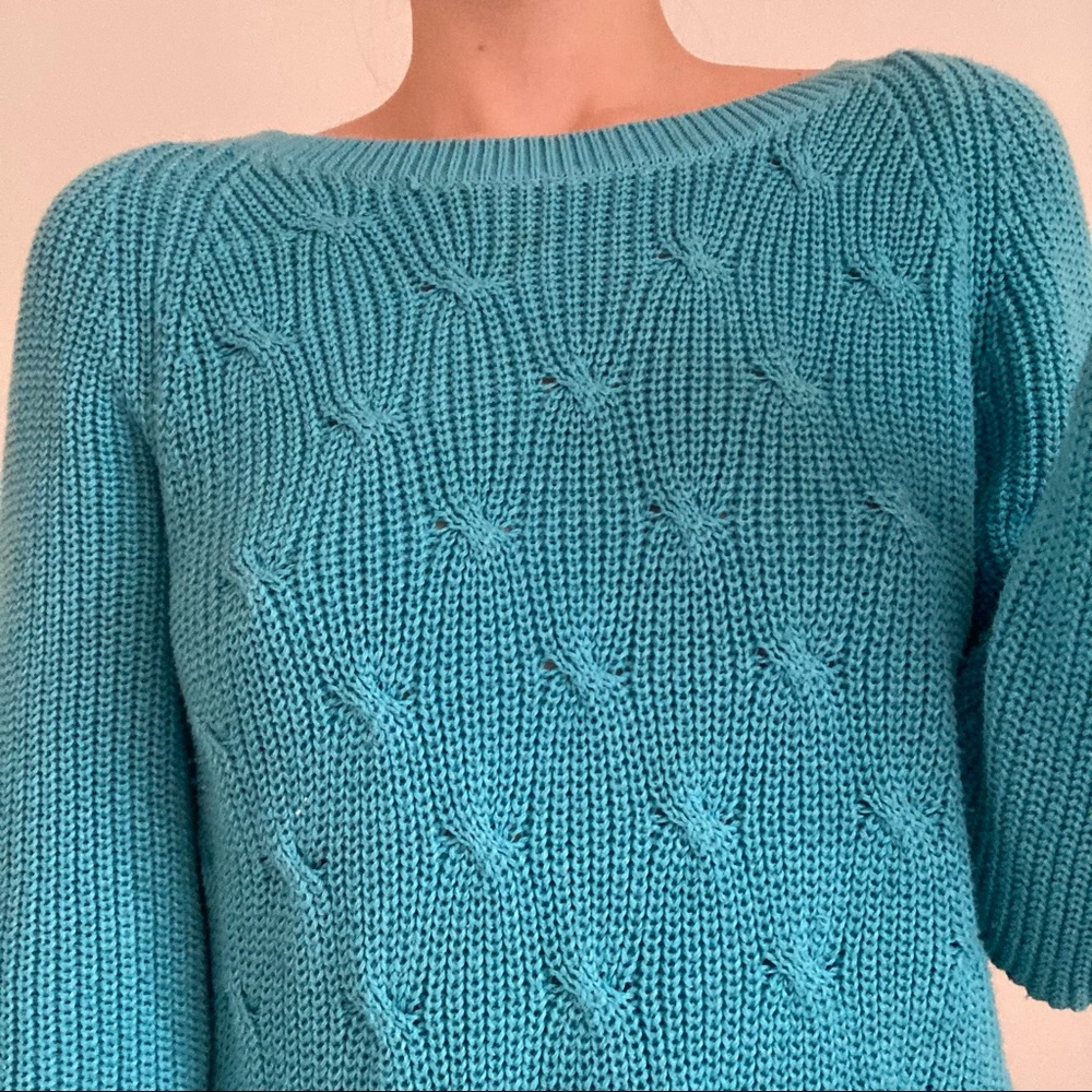 blue cable knit sweater